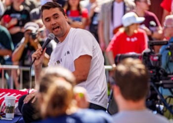 Charlie Kirk speaks at Utah Valley University on Sept. 10, 2025, in Orem, Utah.