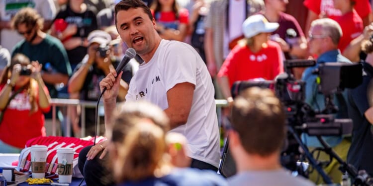 Charlie Kirk speaks at Utah Valley University on Sept. 10, 2025, in Orem, Utah.
