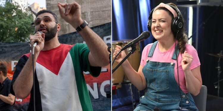 YouTube children's star Ms. Rachel, right, was reportedly thrilled to welcome Palestinian photojournalist Motaz Azaiza, seen at left at a 2025 pro-Palestinian protest in New York City, on her children's show last year.
