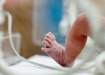 Close-up of a newborn baby’s foot inside an incubator, with medical tubes visible in the blurred foreground. The baby’s toes are curled, highlighting the fragility and care required in a hospital or neonatal unit—a poignant reminder of the complex decisions surrounding birth and abortion.