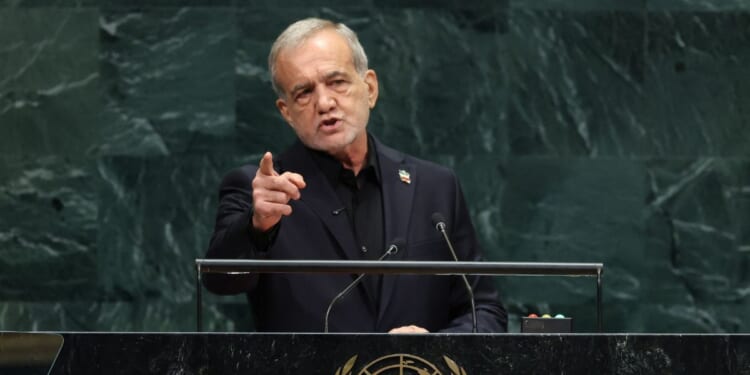 Iranian President Masoud Pezeshkian speaks during the 81st United Nations General Assembly at the United Nations Headquarters in New York, on Sept. 23, 2026.