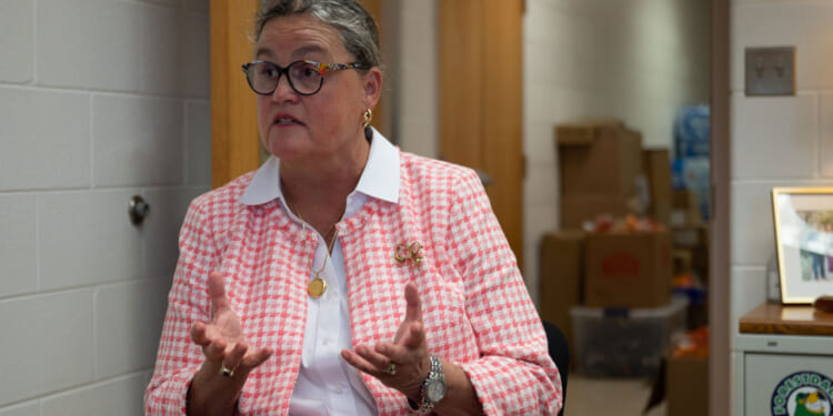 Michelle Reid with glasses and gray hair sits in an office, wearing a pink and white checkered jacket, gesturing with her hands while speaking. Boxes and office supplies are visible in the background.