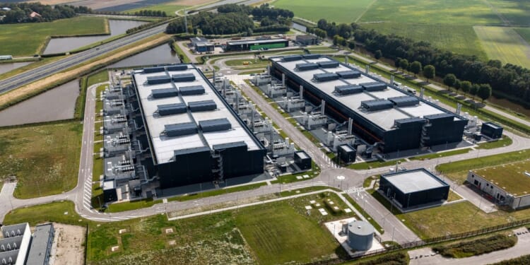 An aerial drone photo of Microsoft data centers in Middenmeer, Netherlands, surrounded by farmland, on Sept. 1, 2025.