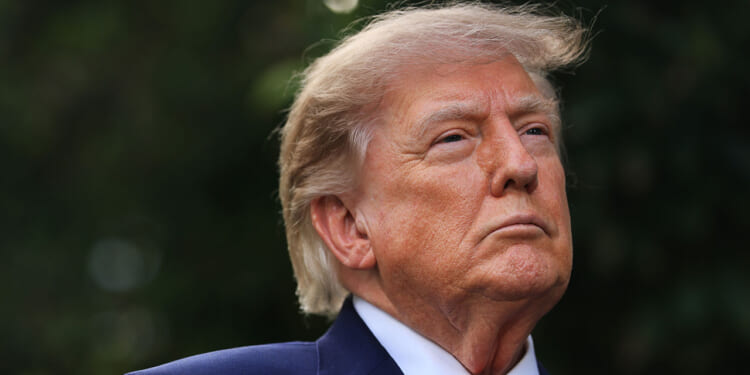President Donald Trump, a man with light skin and blond hair wearing a navy suit, white shirt, and red tie looks upwards with a serious expression. The background is blurred greenery.