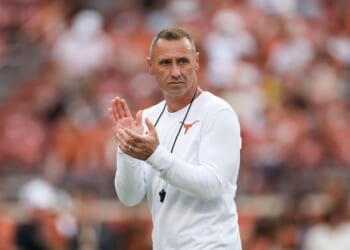 Head coach Steve Sarkisian of the Texas Longhorns walks on the field before the game against the UTSA Roadrunners at Darrell K Royal-Texas Memorial Stadium on Sept. 19, 2026, in Austin, Texas.