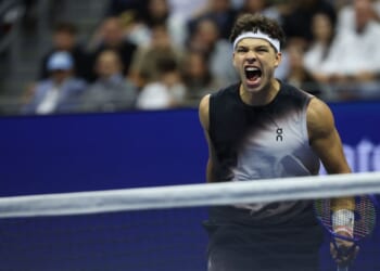 Ben Shelton of the United States reacts against Stefanos Tsitsipas of Greece during their Men's Singles Fourth Round match on Day Eight of the 2026 US Open at USTA Billie Jean King National Tennis Center on Sept. 6, 2026, in the Flushing neighborhood of the Queens borough of New York City.