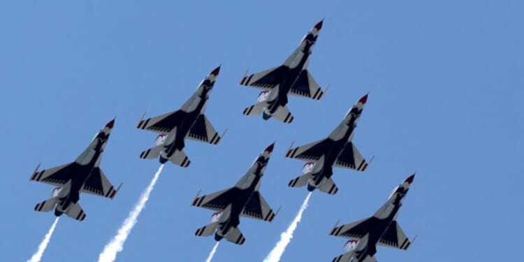 United States Air Force jets fly above the Hudson River in New York on August 4, 2026.